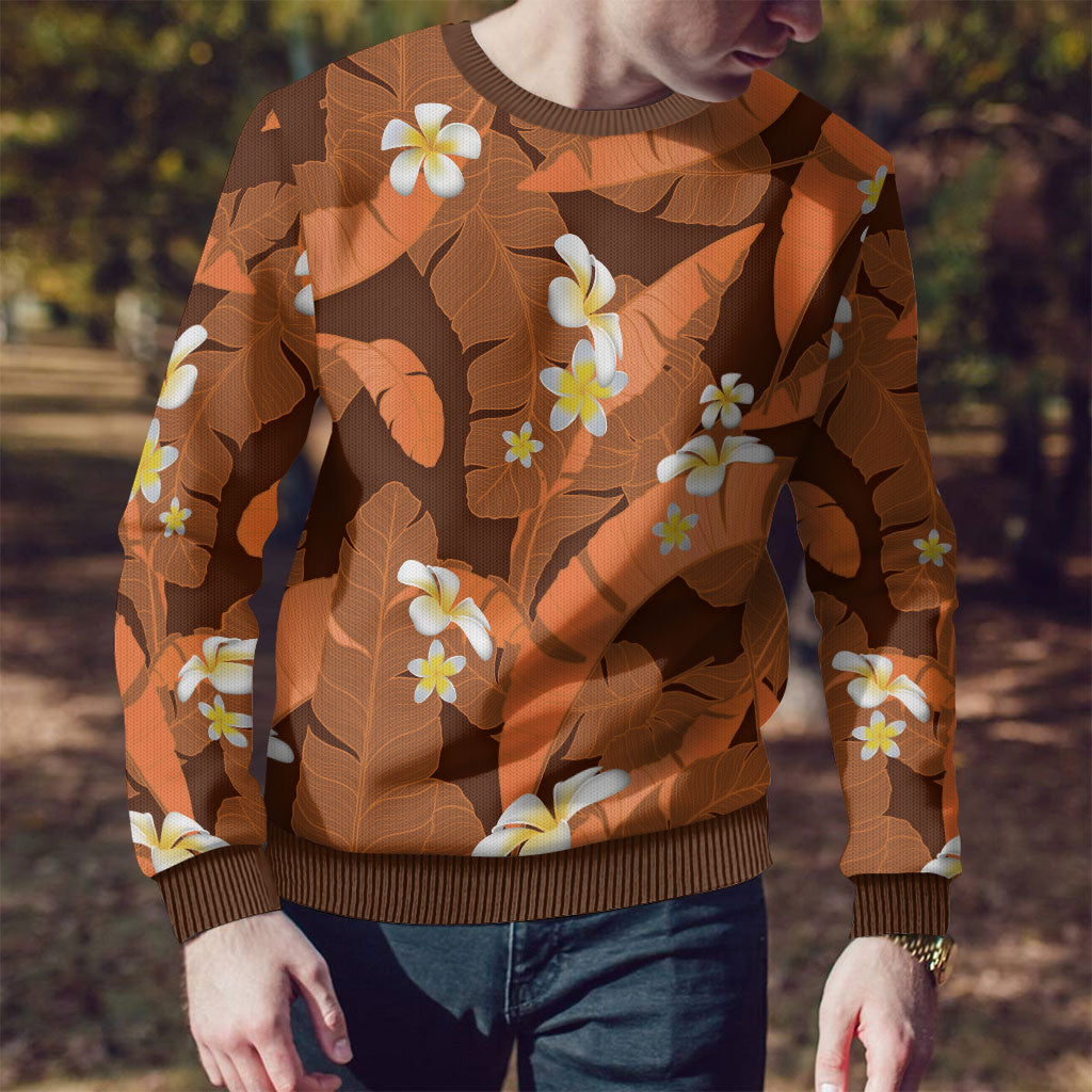 Orange Banana Leaf Hawaii Ugly Christmas Sweater Lau Maia Plumeria Tropical Summer Vibes LT14 - Polynesian Pride