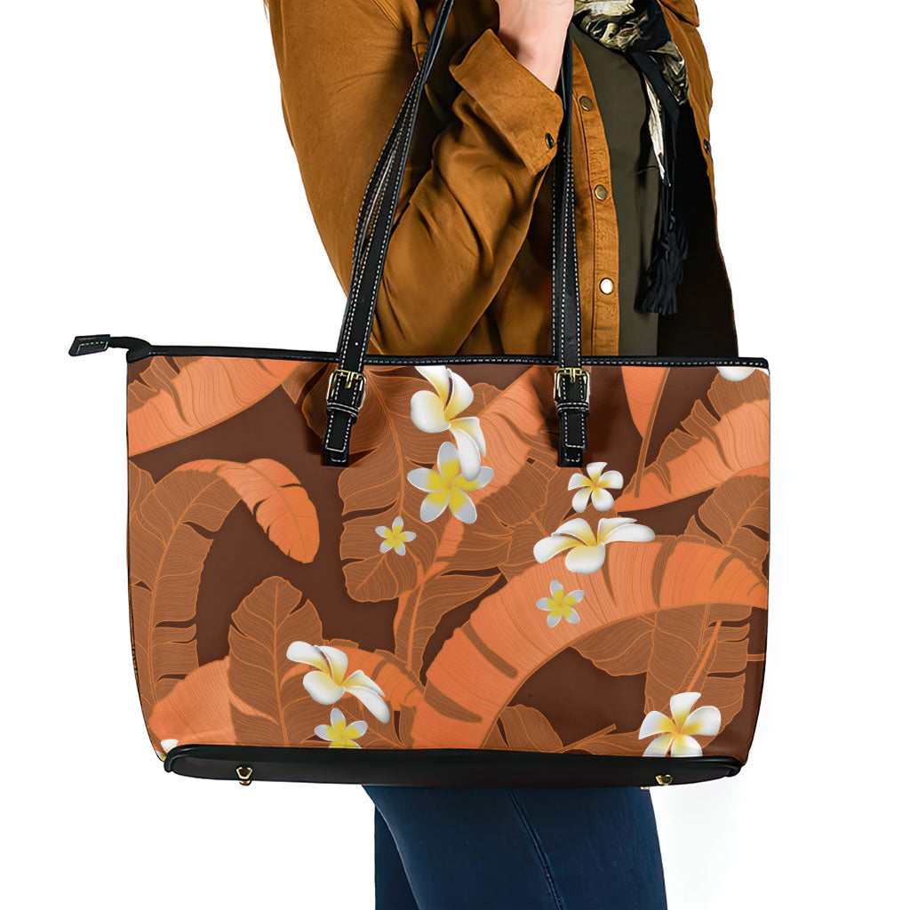 Orange Banana Leaf Hawaii Leather Tote Bag Lau Maia Plumeria Tropical Summer Vibes