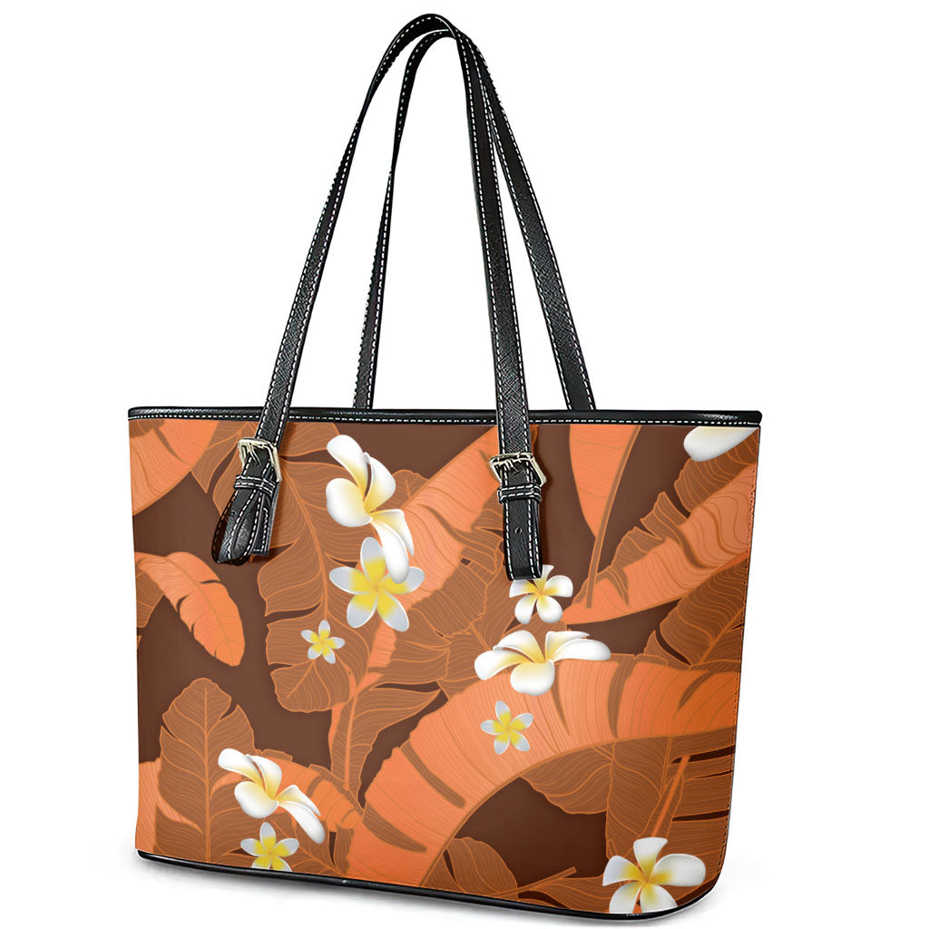 Orange Banana Leaf Hawaii Leather Tote Bag Lau Maia Plumeria Tropical Summer Vibes