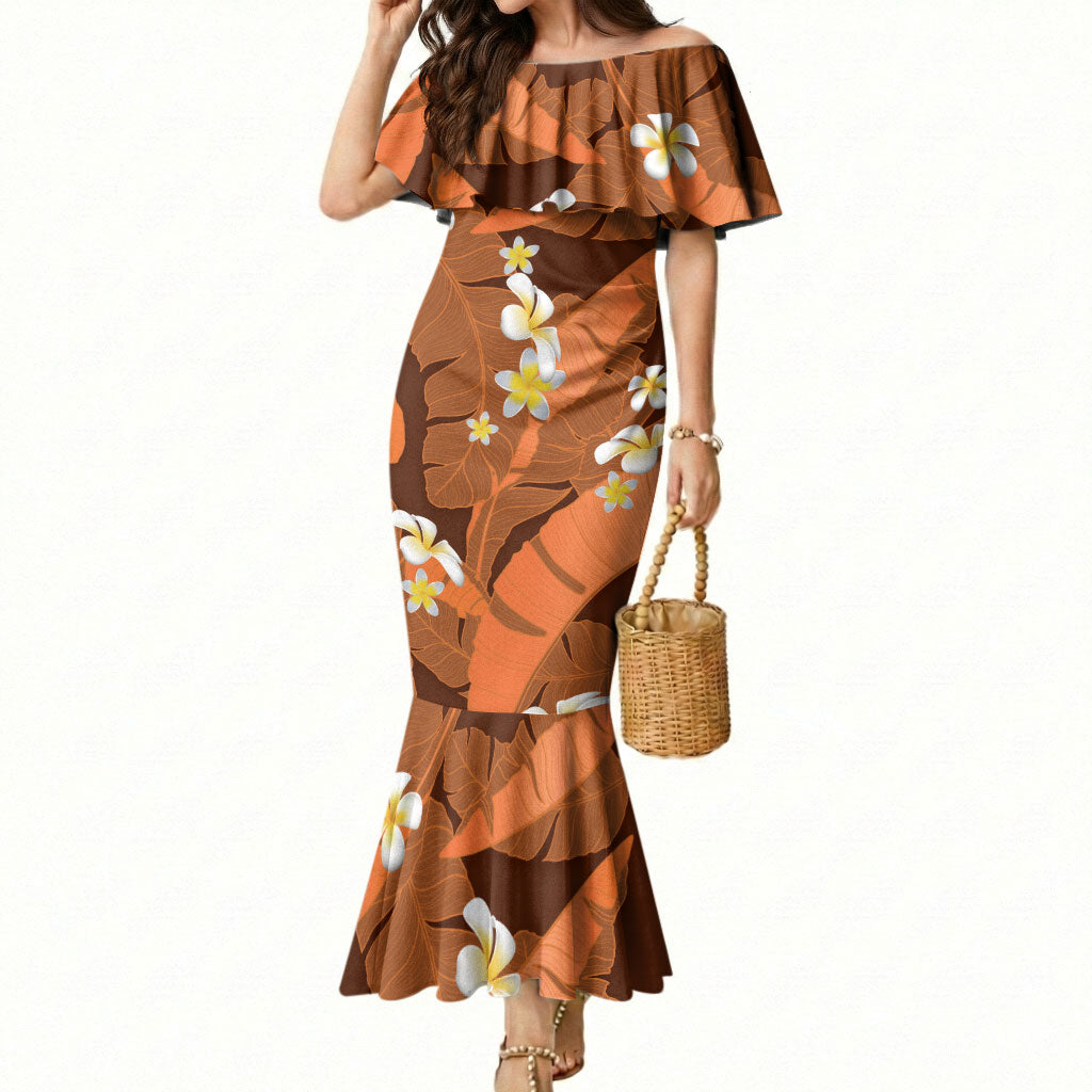Orange Banana Leaf Hawaii Mermaid Dress Lau Maia Plumeria Tropical Summer Vibes