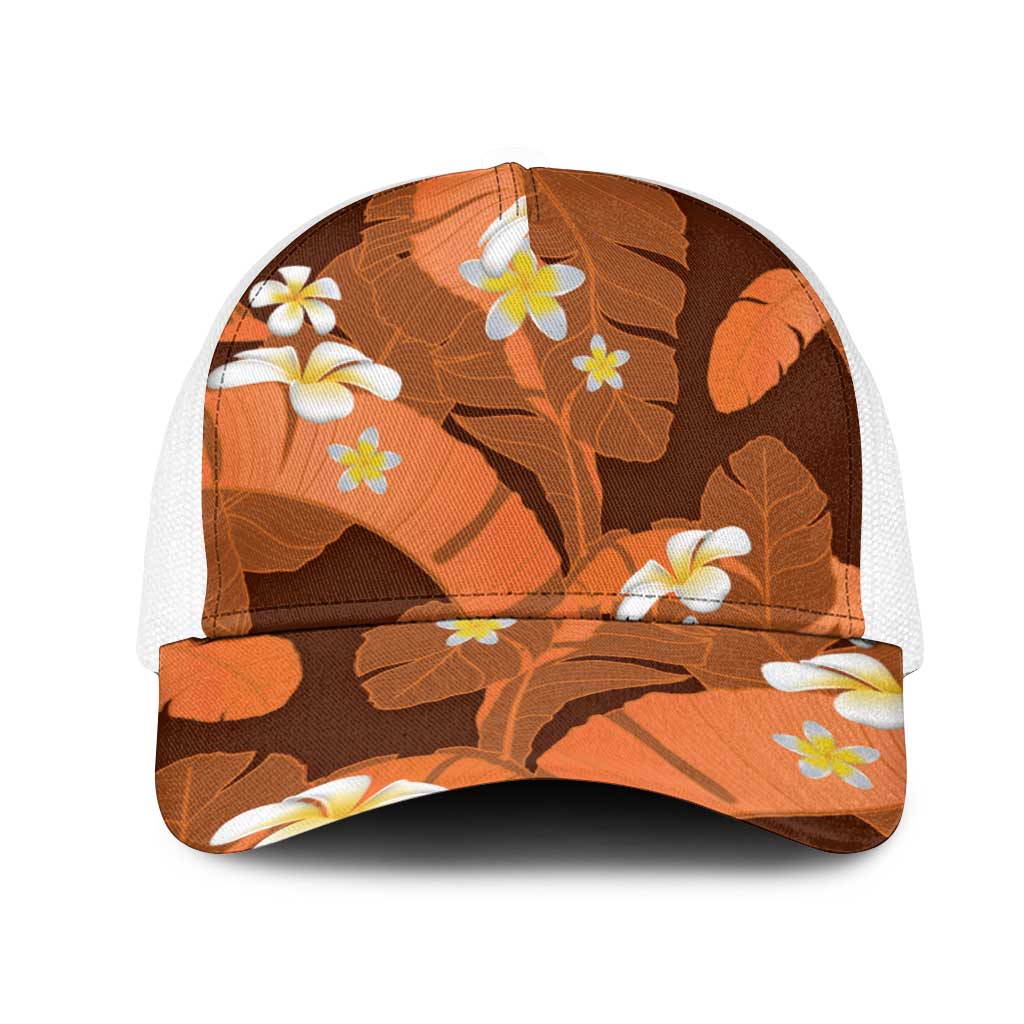 Orange Banana Leaf Hawaii Mesh Trucker Cap Lau Maia Plumeria Tropical Summer Vibes