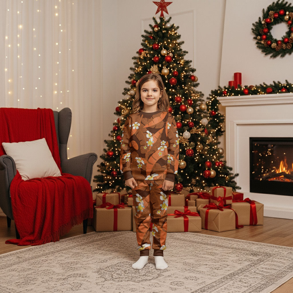 Orange Banana Leaf Hawaii Christmas Pajama Set Lau Maia Plumeria Tropical Summer Vibes LT14 Kid Orange - Polynesian Pride