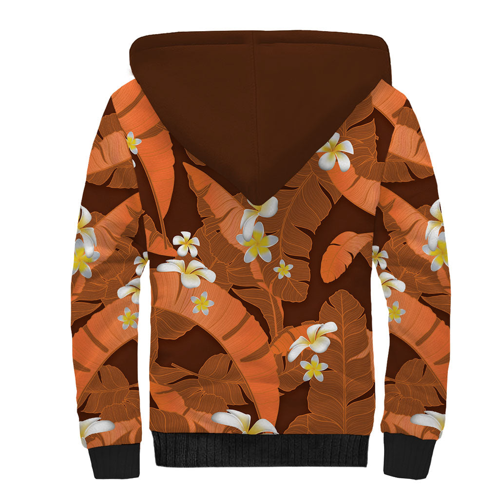 Orange Banana Leaf Hawaii Sherpa Hoodie Lau Maia Plumeria Tropical Summer Vibes
