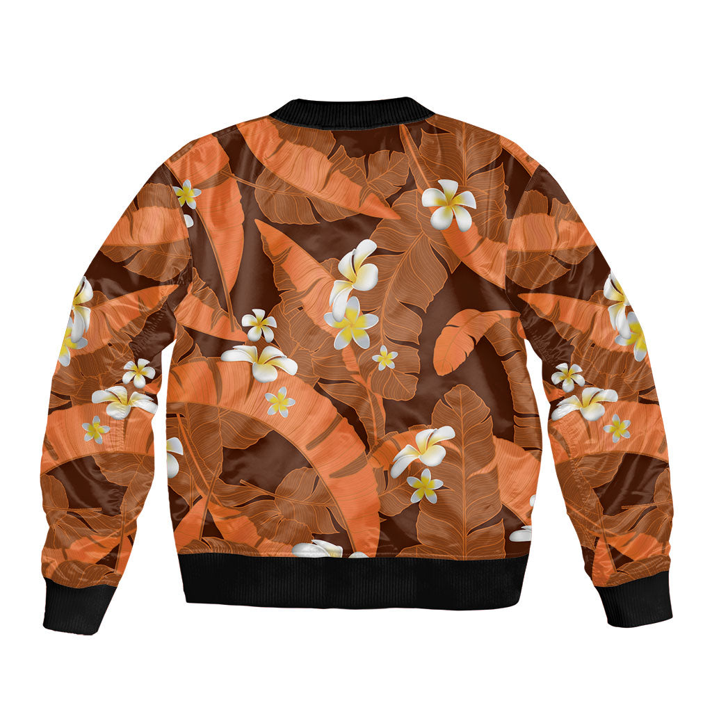 Orange Banana Leaf Hawaii Sleeve Zip Bomber Jacket Lau Maia Plumeria Tropical Summer Vibes