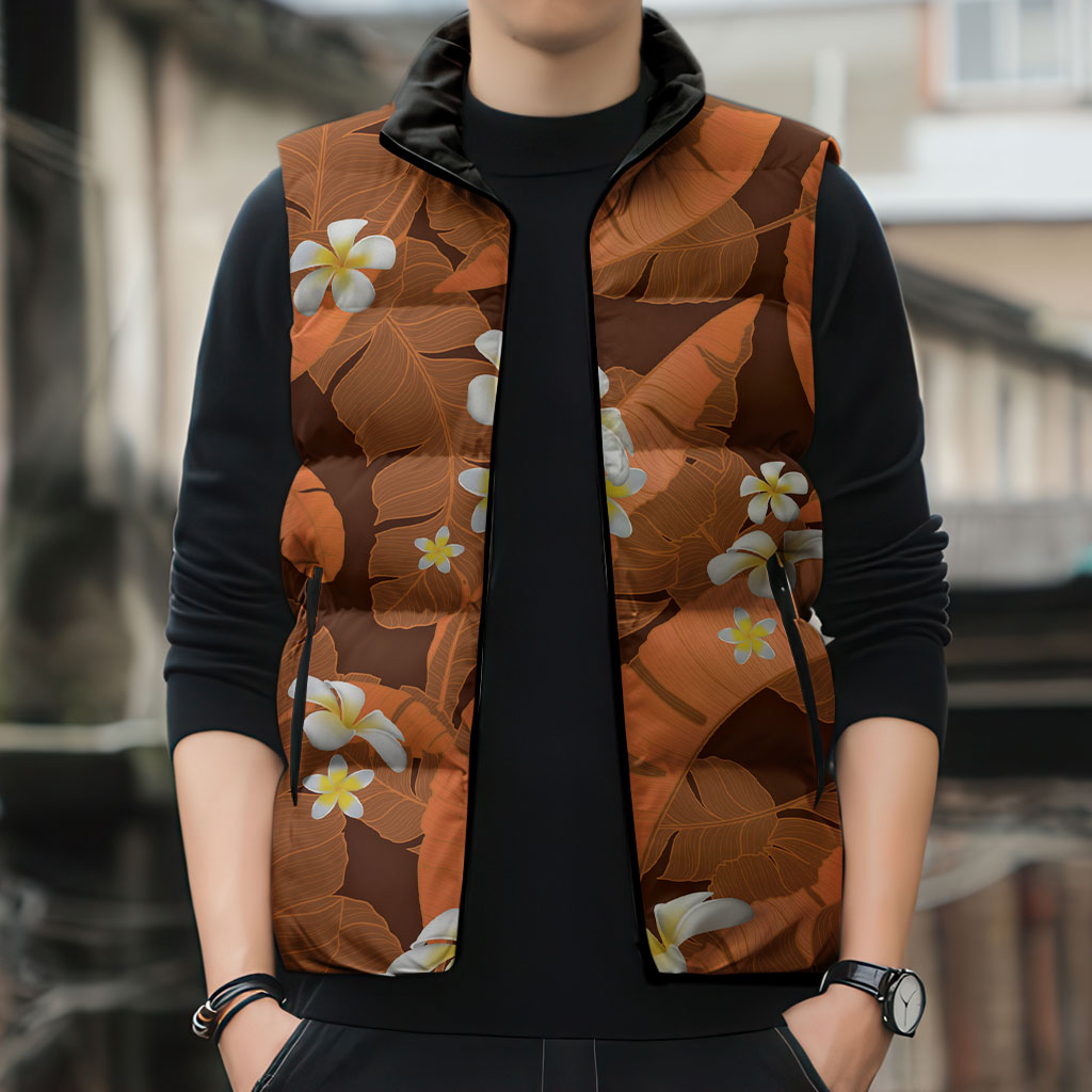 Orange Banana Leaf Hawaii Sleeveless Puffer Jacket Lau Maia Plumeria Tropical Summer Vibes