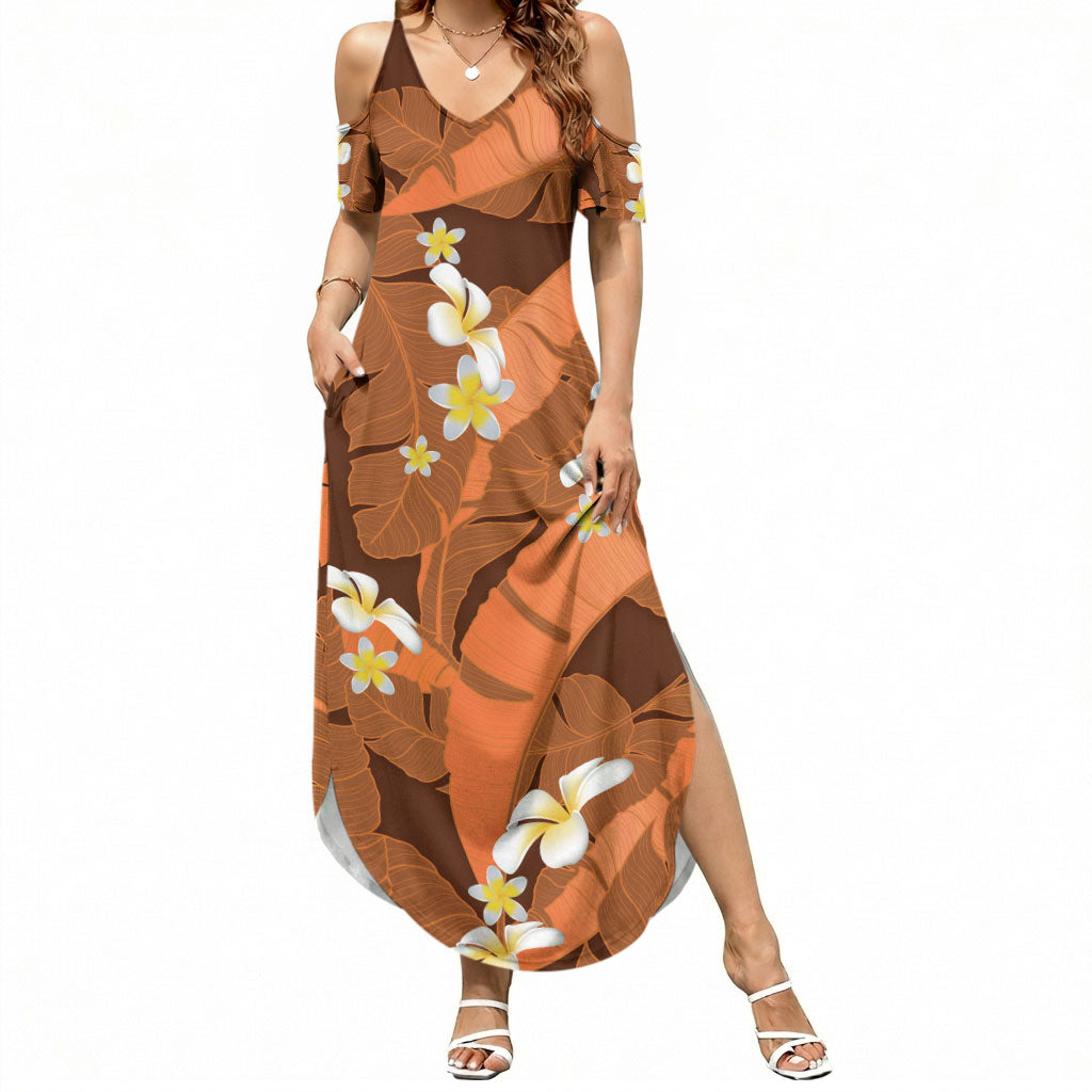 Orange Banana Leaf Hawaii Summer Maxi Dress Lau Maia Plumeria Tropical Summer Vibes