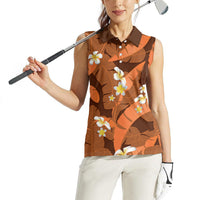 Orange Banana Leaf Hawaii Women Sleeveless Polo Shirt Lau Maia Plumeria Tropical Summer Vibes