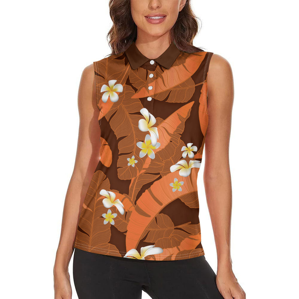 Orange Banana Leaf Hawaii Women Sleeveless Polo Shirt Lau Maia Plumeria Tropical Summer Vibes