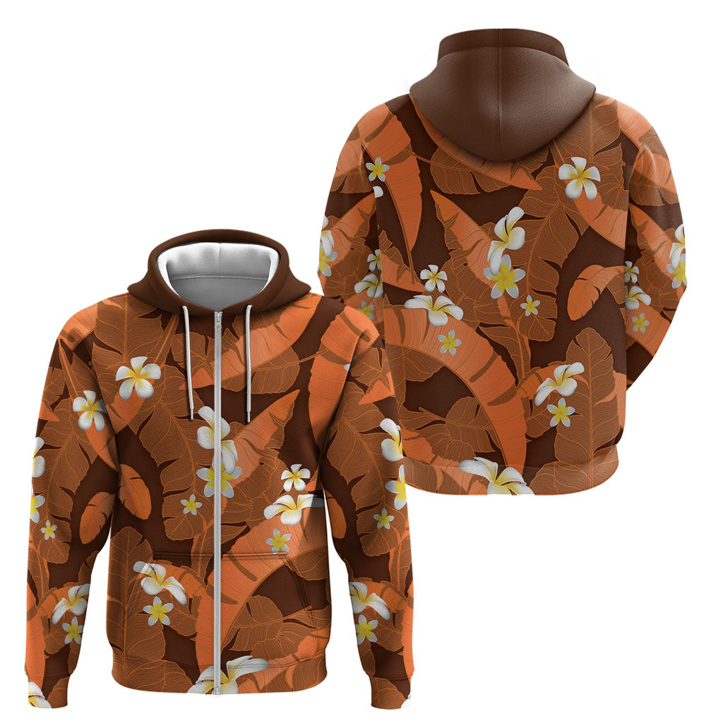 Orange Banana Leaf Hawaii Zip Hoodie Lau Maia Plumeria Tropical Summer Vibes