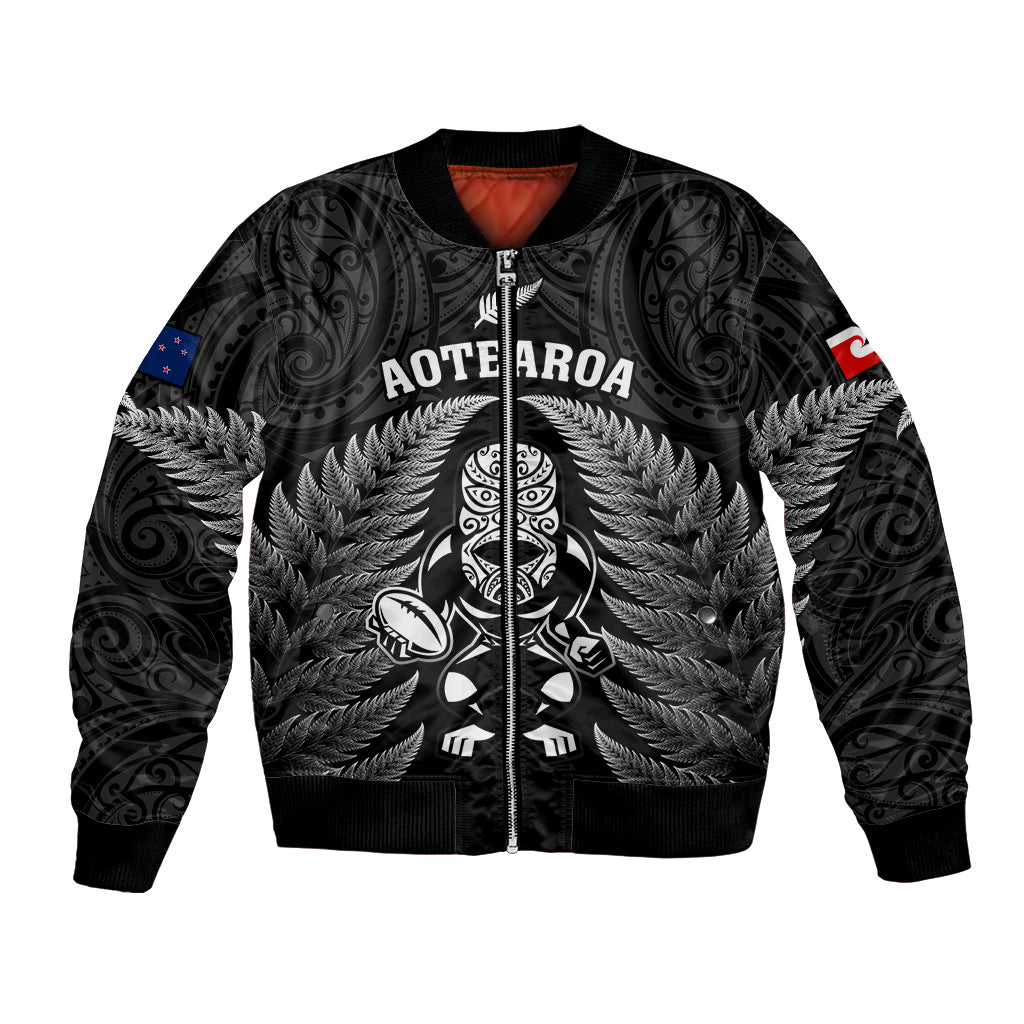 New Zealand Aotearoa Rugby Bomber Jacket NZ Tiki With Maori Fern World Cup Black Version LT14 Unisex Black - Polynesian Pride