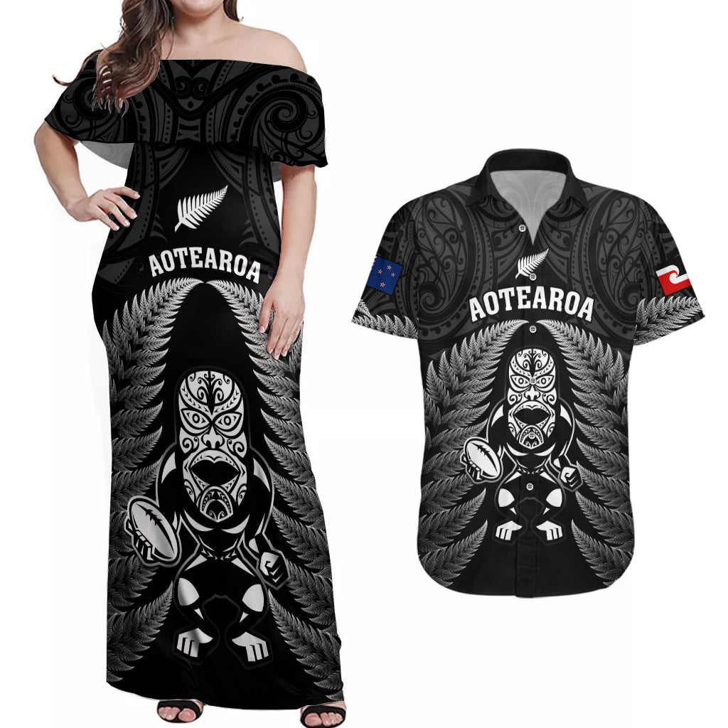 New Zealand Aotearoa Rugby Couples Matching Off Shoulder Maxi Dress and Hawaiian Shirt NZ Tiki With Maori Fern World Cup Black Version LT14 Black - Polynesian Pride