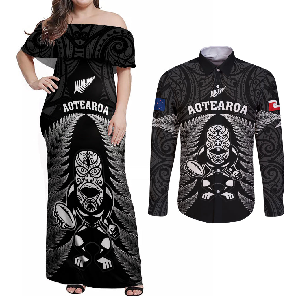New Zealand Aotearoa Rugby Couples Matching Off Shoulder Maxi Dress and Long Sleeve Button Shirts NZ Tiki With Maori Fern World Cup Black Version LT14 Black - Polynesian Pride