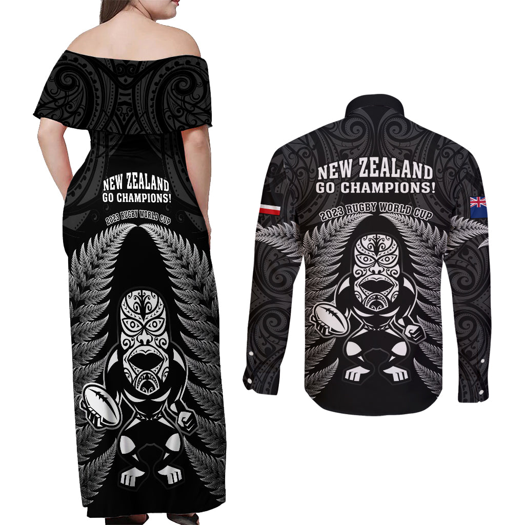 New Zealand Aotearoa Rugby Couples Matching Off Shoulder Maxi Dress and Long Sleeve Button Shirts NZ Tiki With Maori Fern World Cup Black Version LT14 - Polynesian Pride