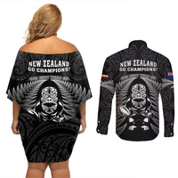 New Zealand Aotearoa Rugby Couples Matching Off Shoulder Short Dress and Long Sleeve Button Shirts NZ Tiki With Maori Fern World Cup Black Version LT14 - Polynesian Pride
