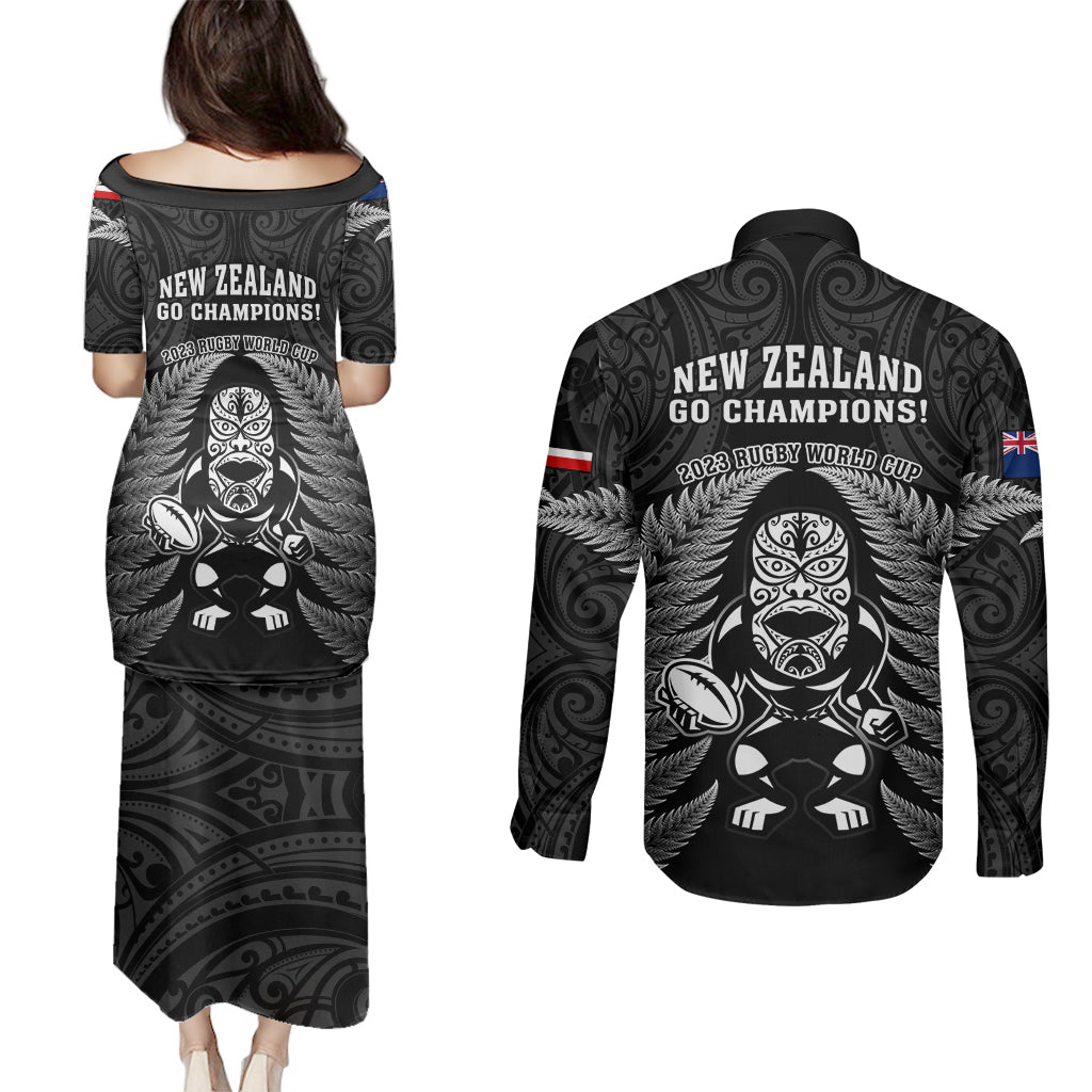 New Zealand Aotearoa Rugby Couples Matching Puletasi Dress and Long Sleeve Button Shirts NZ Tiki With Maori Fern World Cup Black Version LT14 - Polynesian Pride