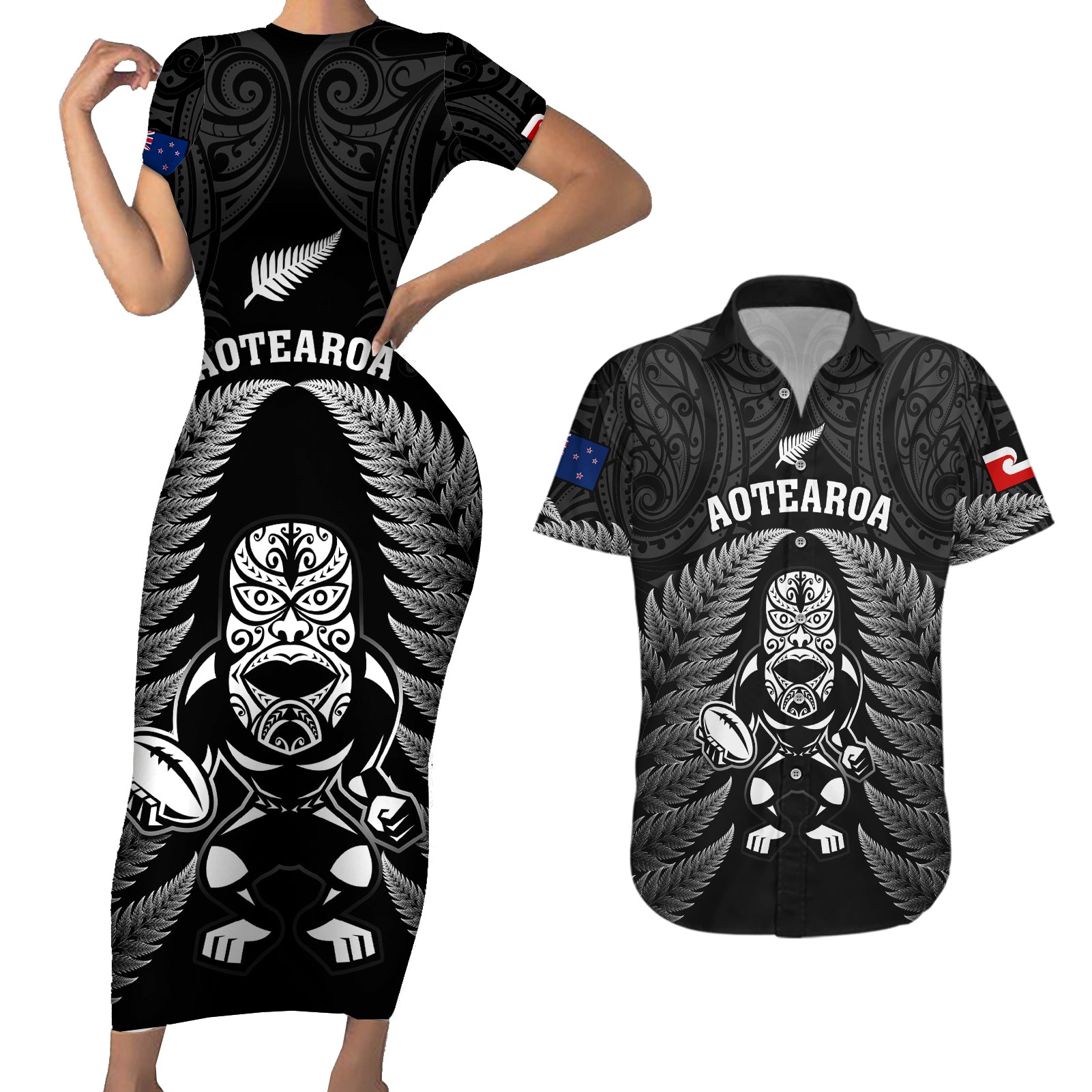 New Zealand Aotearoa Rugby Couples Matching Short Sleeve Bodycon Dress and Hawaiian Shirt NZ Tiki With Maori Fern World Cup Black Version LT14 Black - Polynesian Pride