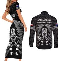 New Zealand Aotearoa Rugby Couples Matching Short Sleeve Bodycon Dress and Long Sleeve Button Shirts NZ Tiki With Maori Fern World Cup Black Version LT14 - Polynesian Pride