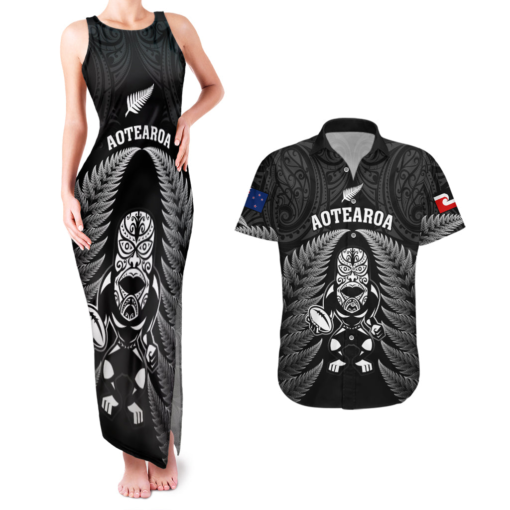 New Zealand Aotearoa Rugby Couples Matching Tank Maxi Dress and Hawaiian Shirt NZ Tiki With Maori Fern World Cup Black Version LT14 Black - Polynesian Pride