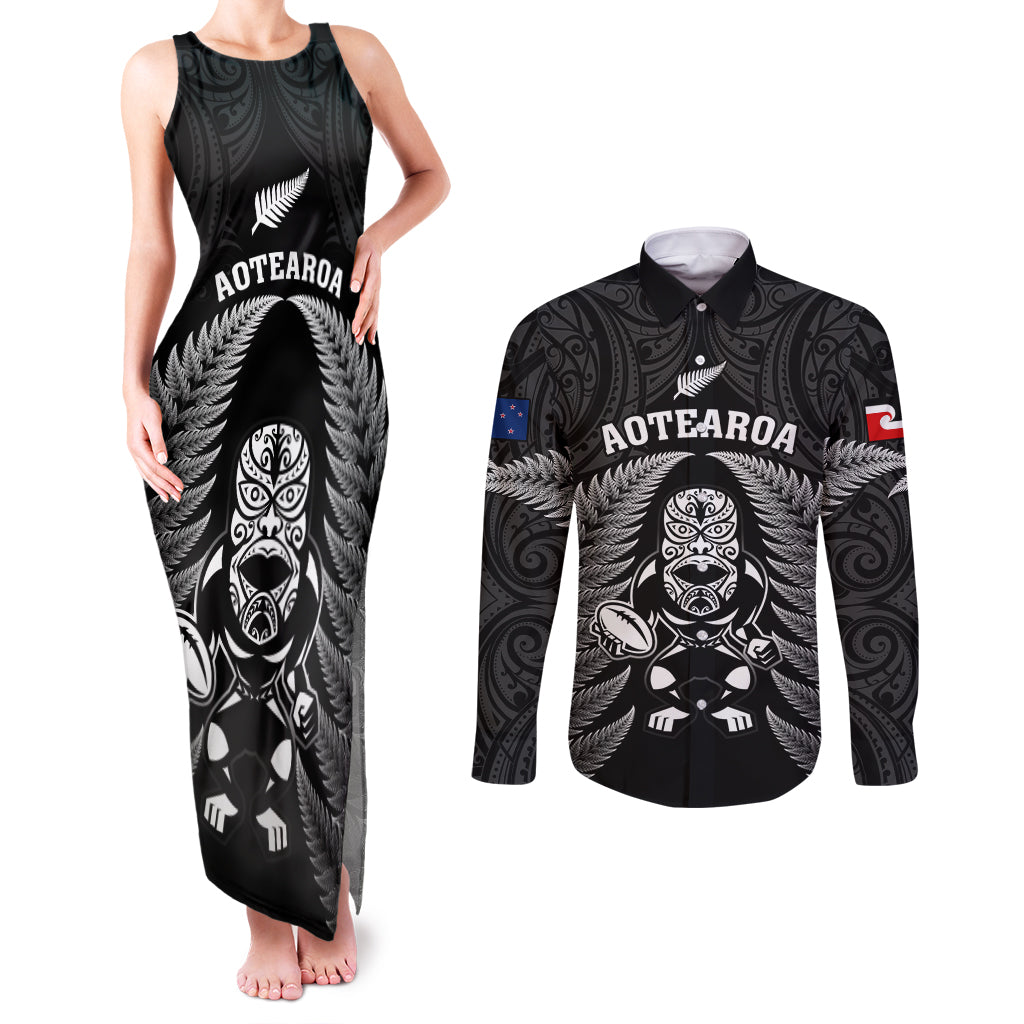 New Zealand Aotearoa Rugby Couples Matching Tank Maxi Dress and Long Sleeve Button Shirts NZ Tiki With Maori Fern World Cup Black Version LT14 Black - Polynesian Pride