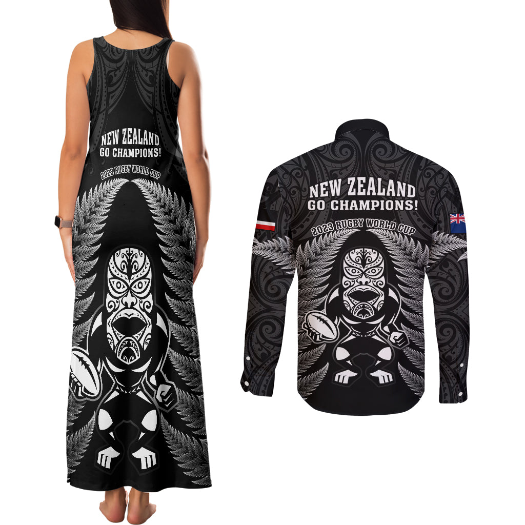 New Zealand Aotearoa Rugby Couples Matching Tank Maxi Dress and Long Sleeve Button Shirts NZ Tiki With Maori Fern World Cup Black Version LT14 - Polynesian Pride