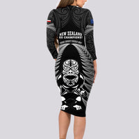 New Zealand Aotearoa Rugby Long Sleeve Bodycon Dress NZ Tiki With Maori Fern World Cup Black Version LT14 - Polynesian Pride