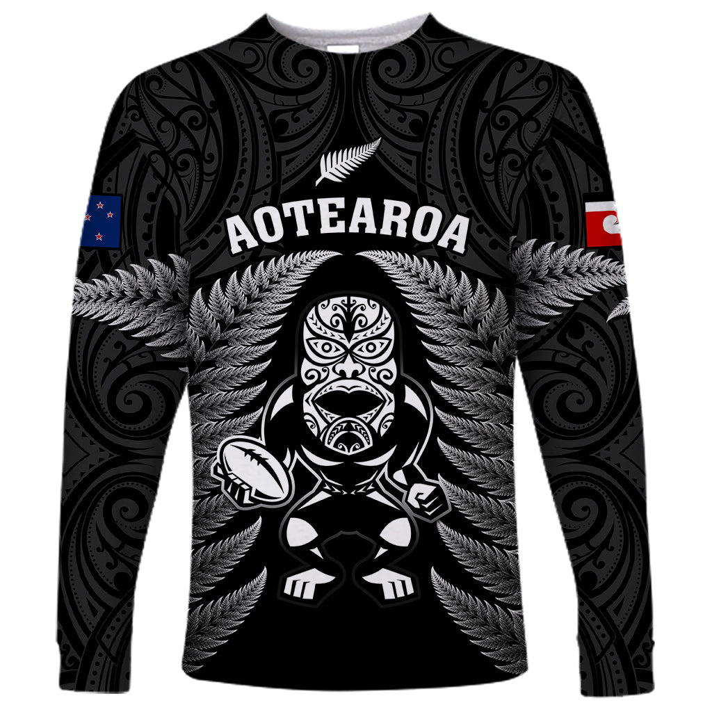 New Zealand Aotearoa Rugby Long Sleeve Shirt NZ Tiki With Maori Fern World Cup Black Version LT14 Unisex Black - Polynesian Pride