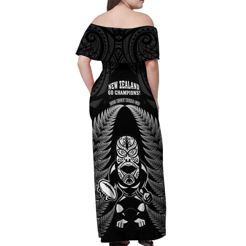 New Zealand Aotearoa Rugby Off Shoulder Maxi Dress NZ Tiki With Maori Fern World Cup Black Version LT14 - Polynesian Pride
