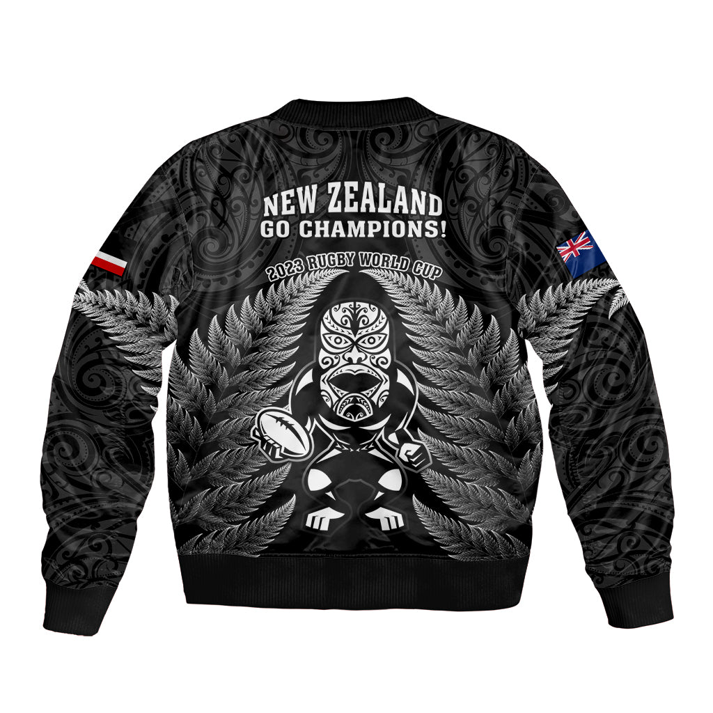 New Zealand Aotearoa Rugby Sleeve Zip Bomber Jacket NZ Tiki With Maori Fern World Cup Black Version LT14 - Polynesian Pride