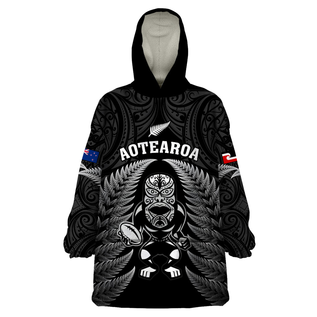 New Zealand Aotearoa Rugby Wearable Blanket Hoodie NZ Tiki With Maori Fern World Cup Black Version LT14 One Size Black - Polynesian Pride