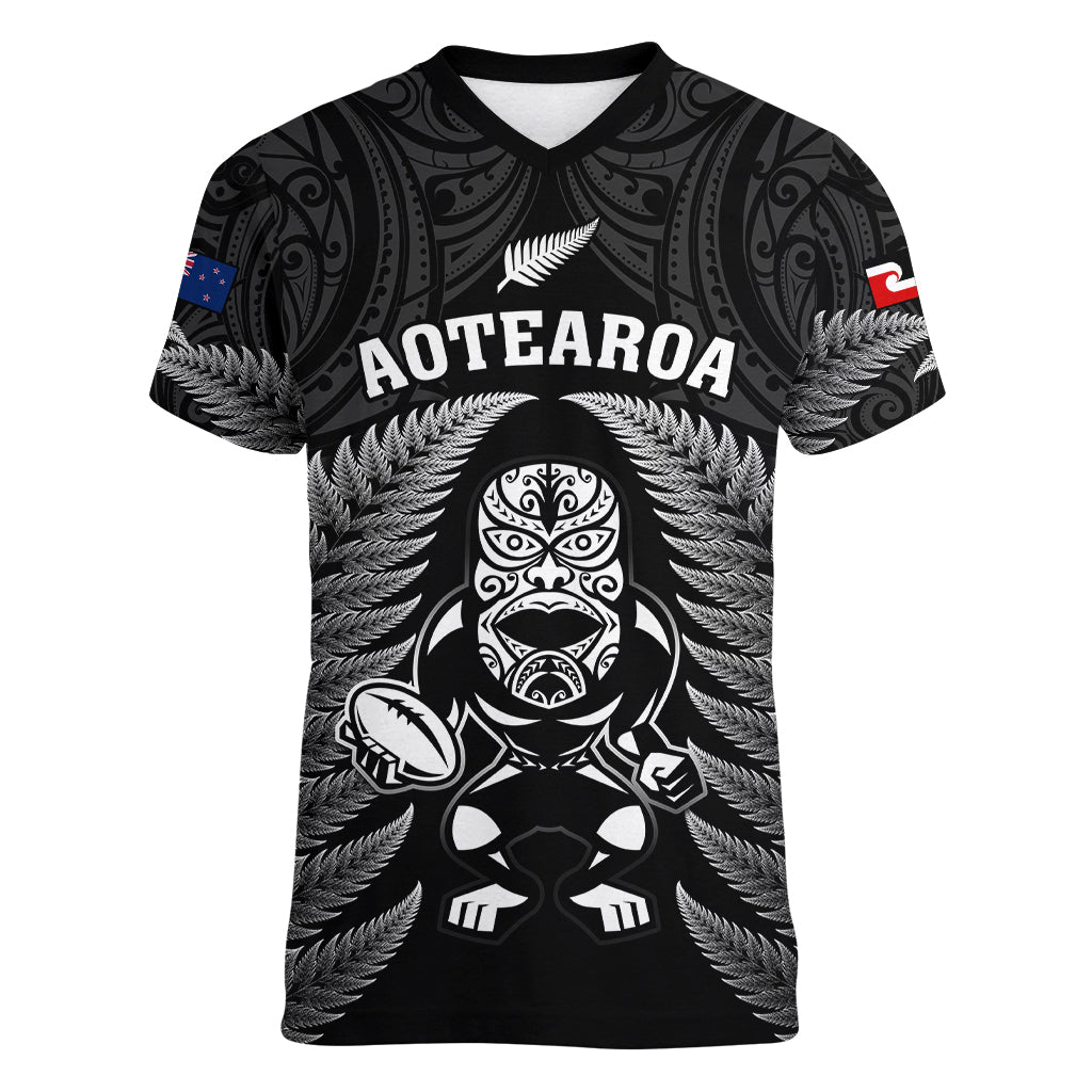 New Zealand Aotearoa Rugby Women V Neck T Shirt NZ Tiki With Maori Fern World Cup Black Version LT14 Female Black - Polynesian Pride