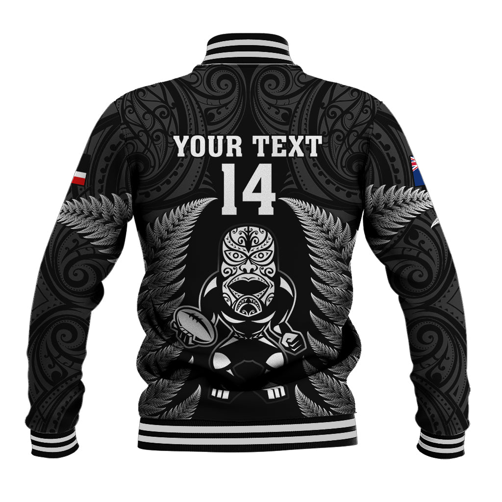 Custom New Zealand Aotearoa Rugby Baseball Jacket NZ Tiki With Maori Fern World Cup Black Version LT14 - Polynesian Pride