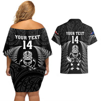 Custom New Zealand Aotearoa Rugby Couples Matching Off Shoulder Short Dress and Hawaiian Shirt NZ Tiki With Maori Fern World Cup Black Version LT14 - Polynesian Pride