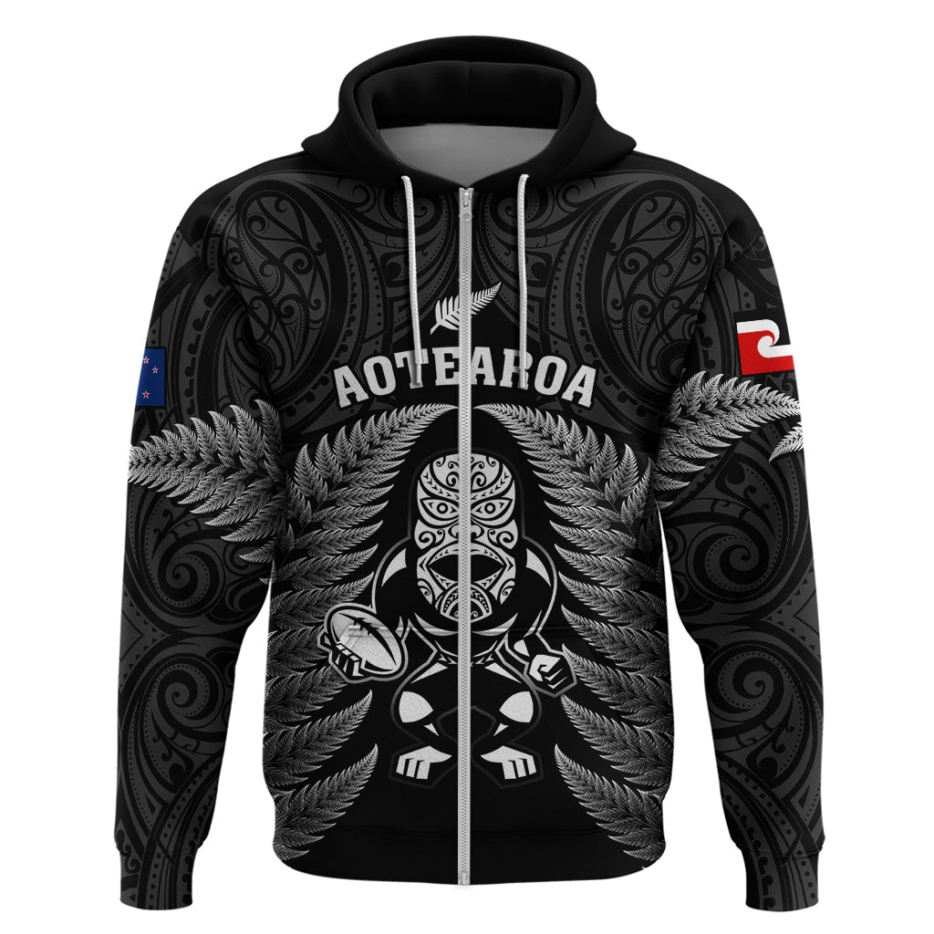 Custom New Zealand Aotearoa Rugby Hoodie NZ Tiki With Maori Fern World Cup Black Version LT14 Zip Hoodie Black - Polynesian Pride