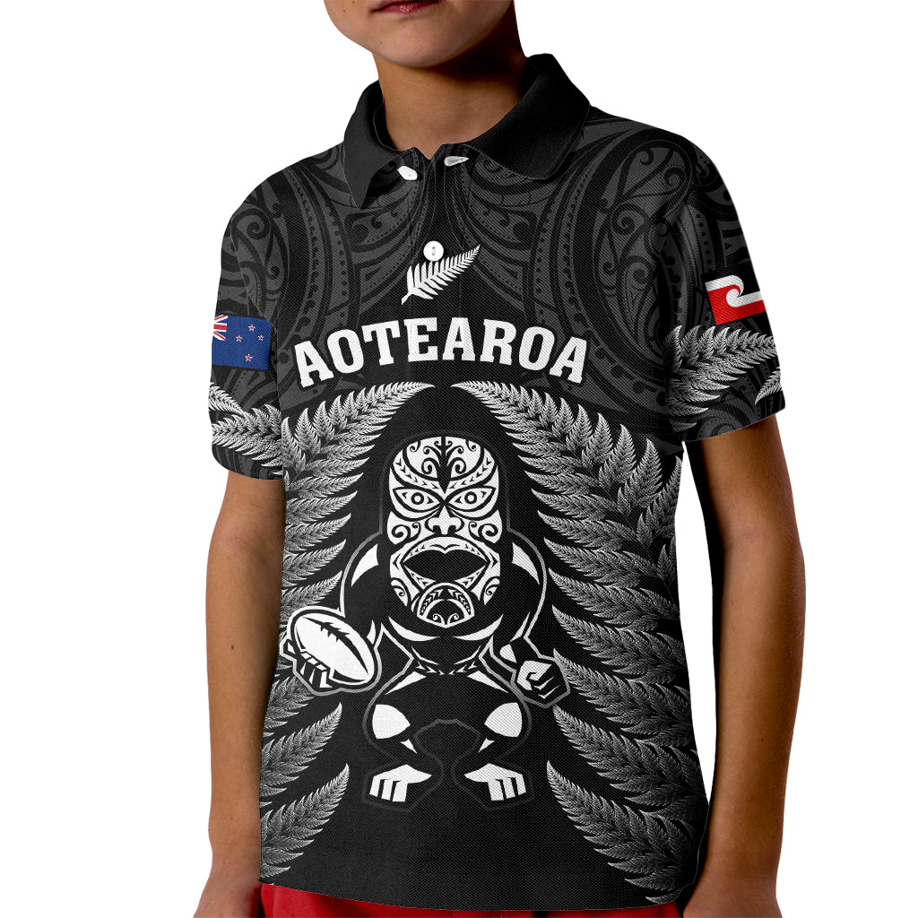 Custom New Zealand Aotearoa Rugby Kid Polo Shirt NZ Tiki With Maori Fern World Cup Black Version LT14 Kid Black - Polynesian Pride