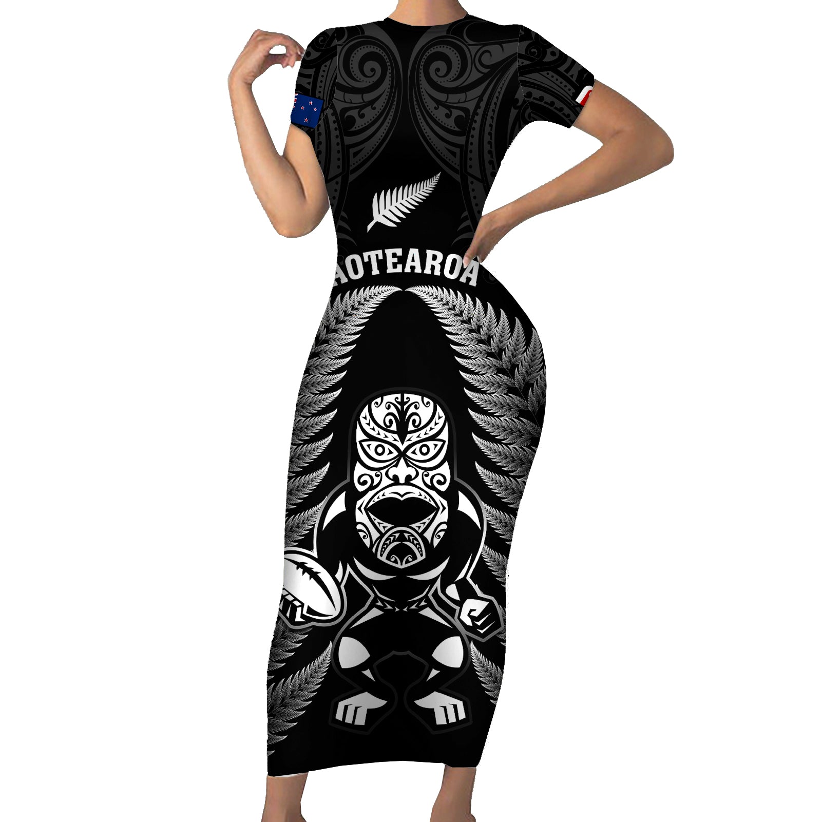 Custom New Zealand Aotearoa Rugby Short Sleeve Bodycon Dress NZ Tiki With Maori Fern World Cup Black Version LT14 Long Dress Black - Polynesian Pride