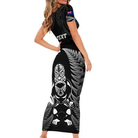 Custom New Zealand Aotearoa Rugby Short Sleeve Bodycon Dress NZ Tiki With Maori Fern World Cup Black Version LT14 - Polynesian Pride
