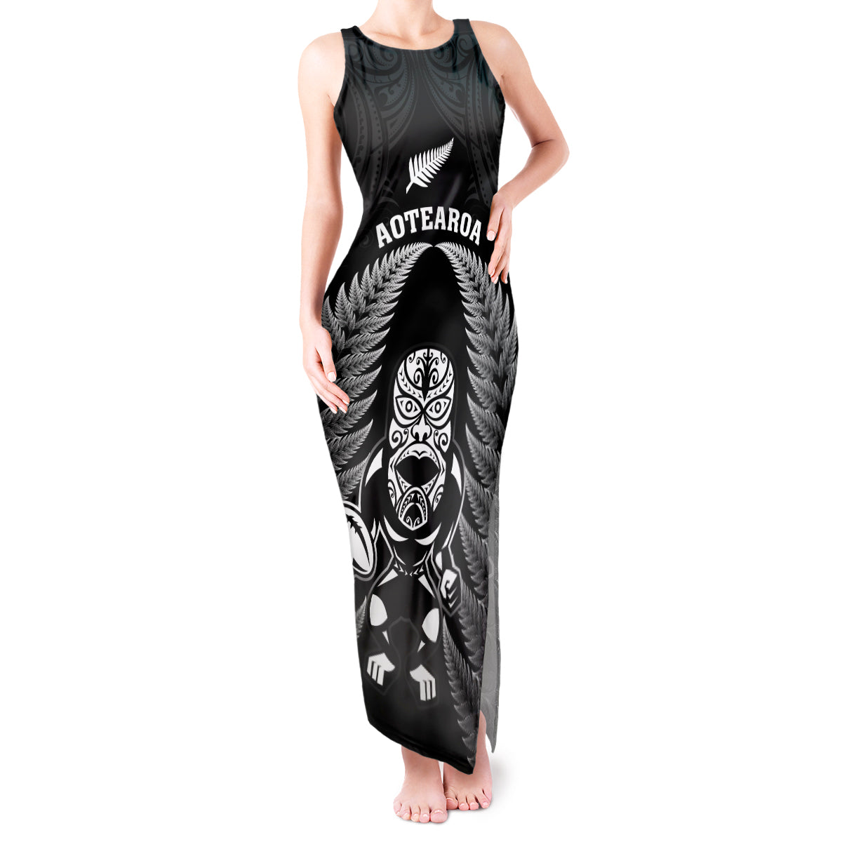 Custom New Zealand Aotearoa Rugby Tank Maxi Dress NZ Tiki With Maori Fern World Cup Black Version LT14 Women Black - Polynesian Pride