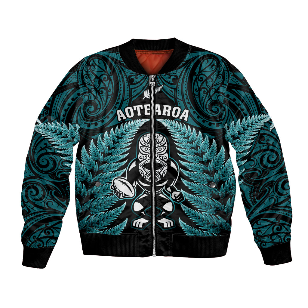 New Zealand Aotearoa Rugby Bomber Jacket NZ Tiki With Maori Fern World Cup Turquoise Version LT14 Unisex Turquoise - Polynesian Pride