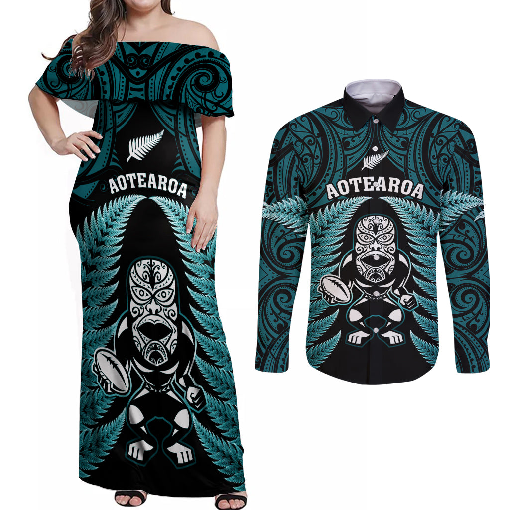 New Zealand Aotearoa Rugby Couples Matching Off Shoulder Maxi Dress and Long Sleeve Button Shirts NZ Tiki With Maori Fern World Cup Turquoise Version LT14 Turquoise - Polynesian Pride