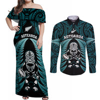 New Zealand Aotearoa Rugby Couples Matching Off Shoulder Maxi Dress and Long Sleeve Button Shirts NZ Tiki With Maori Fern World Cup Turquoise Version LT14 Turquoise - Polynesian Pride