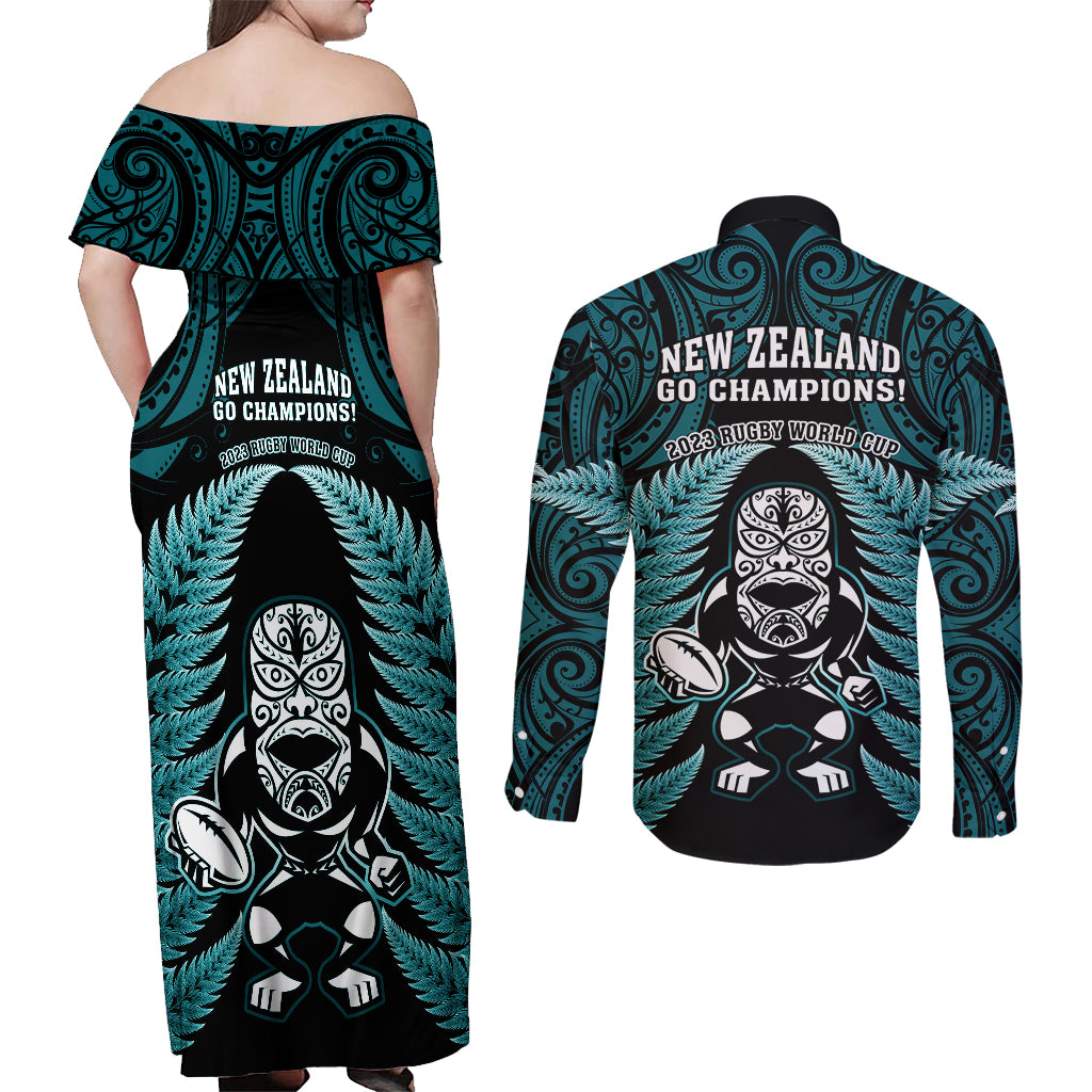 New Zealand Aotearoa Rugby Couples Matching Off Shoulder Maxi Dress and Long Sleeve Button Shirts NZ Tiki With Maori Fern World Cup Turquoise Version LT14 - Polynesian Pride