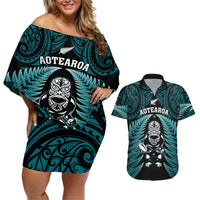 New Zealand Aotearoa Rugby Couples Matching Off Shoulder Short Dress and Hawaiian Shirt NZ Tiki With Maori Fern World Cup Turquoise Version LT14 Turquoise - Polynesian Pride