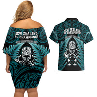 New Zealand Aotearoa Rugby Couples Matching Off Shoulder Short Dress and Hawaiian Shirt NZ Tiki With Maori Fern World Cup Turquoise Version LT14 - Polynesian Pride