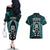 New Zealand Aotearoa Rugby Couples Matching Off The Shoulder Long Sleeve Dress and Hawaiian Shirt NZ Tiki With Maori Fern World Cup Turquoise Version LT14 - Polynesian Pride