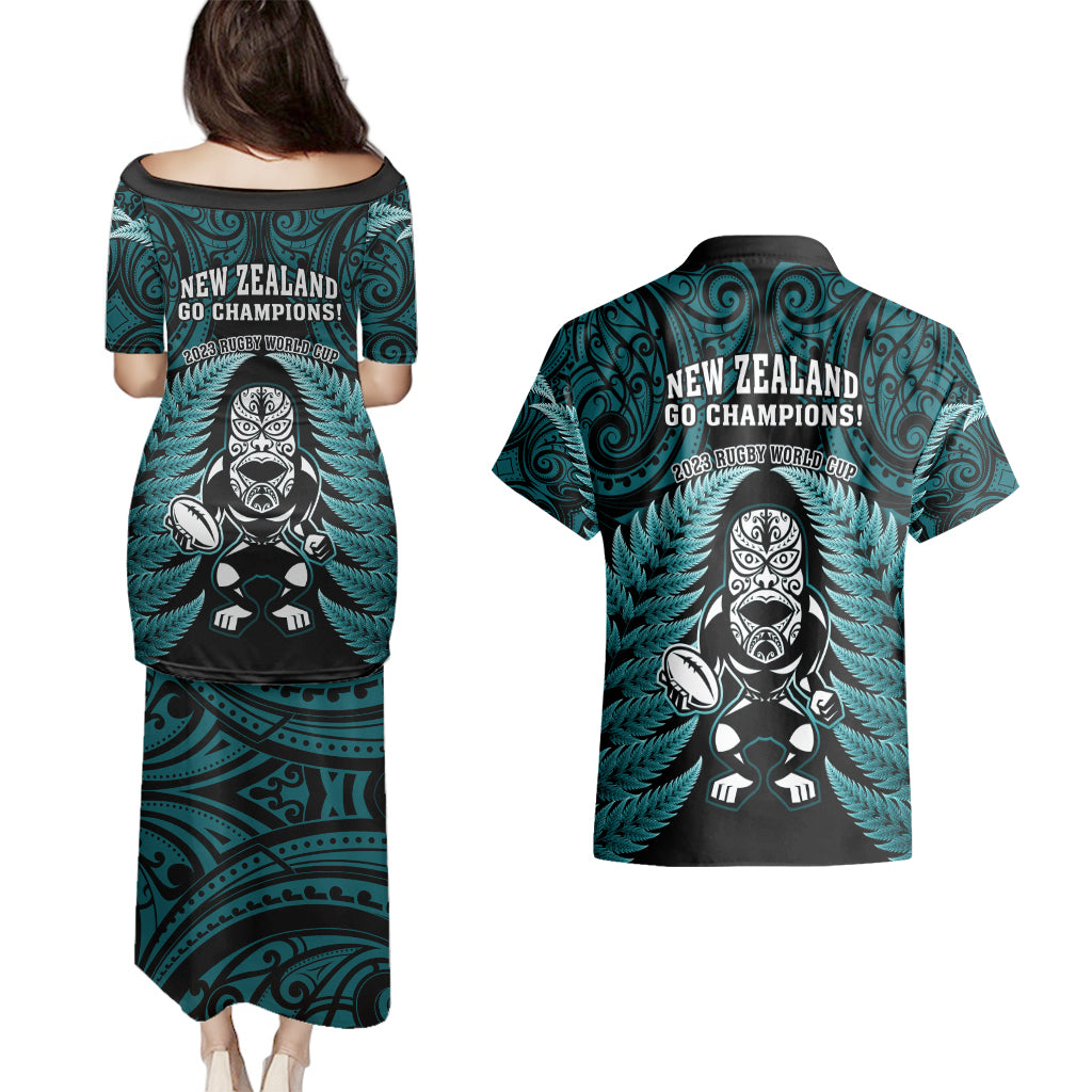 New Zealand Aotearoa Rugby Couples Matching Puletasi Dress and Hawaiian Shirt NZ Tiki With Maori Fern World Cup Turquoise Version LT14 - Polynesian Pride