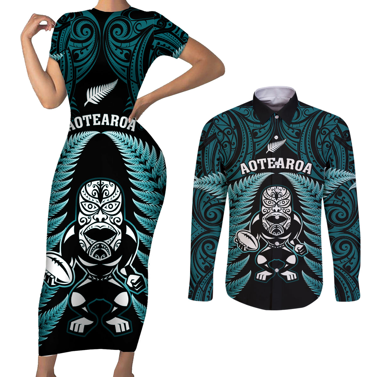 New Zealand Aotearoa Rugby Couples Matching Short Sleeve Bodycon Dress and Long Sleeve Button Shirts NZ Tiki With Maori Fern World Cup Turquoise Version LT14 Turquoise - Polynesian Pride