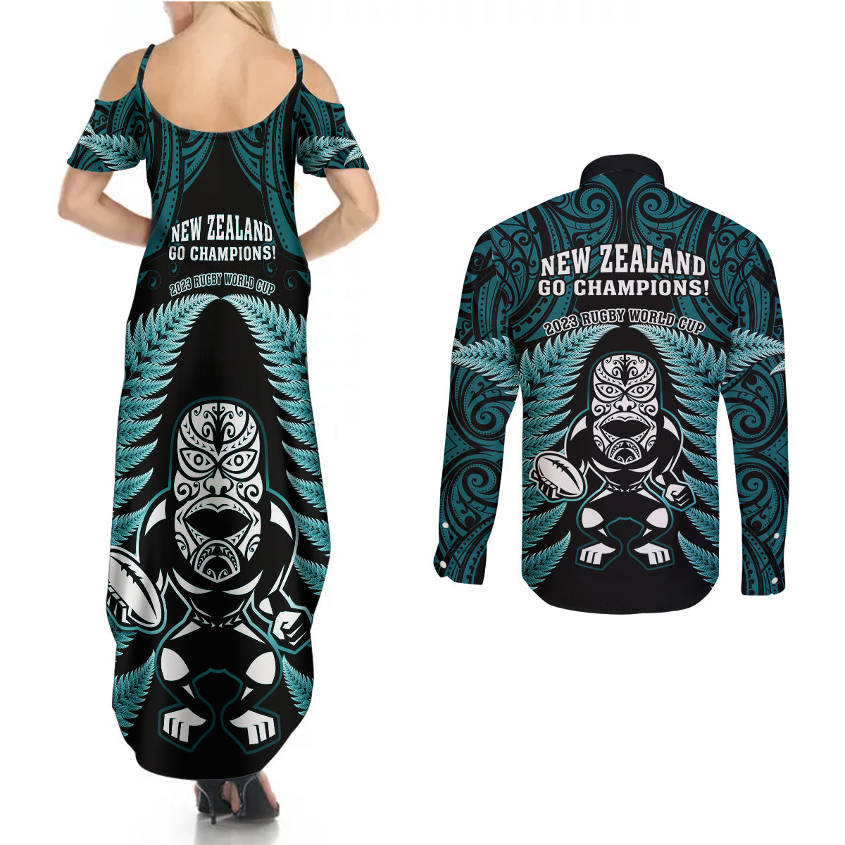 New Zealand Aotearoa Rugby Couples Matching Summer Maxi Dress and Long Sleeve Button Shirts NZ Tiki With Maori Fern World Cup Turquoise Version LT14 - Polynesian Pride