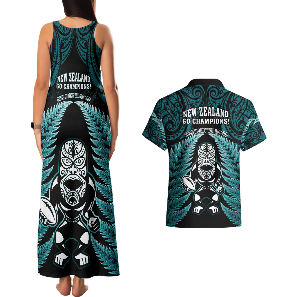 New Zealand Aotearoa Rugby Couples Matching Tank Maxi Dress and Hawaiian Shirt NZ Tiki With Maori Fern World Cup Turquoise Version LT14 - Polynesian Pride