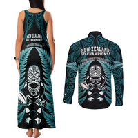 New Zealand Aotearoa Rugby Couples Matching Tank Maxi Dress and Long Sleeve Button Shirts NZ Tiki With Maori Fern World Cup Turquoise Version LT14 - Polynesian Pride