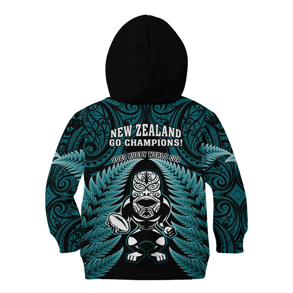 New Zealand Aotearoa Rugby Kid Hoodie NZ Tiki With Maori Fern World Cup Turquoise Version LT14 - Polynesian Pride